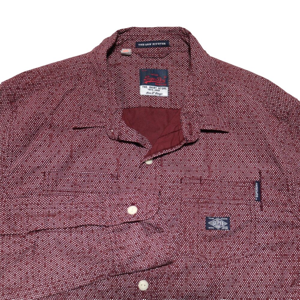 SUPERDRY Long Sleeve Button Shirt Men XL Red Geometric Dots Logo The Raw Riveter - Picture 2 of 13